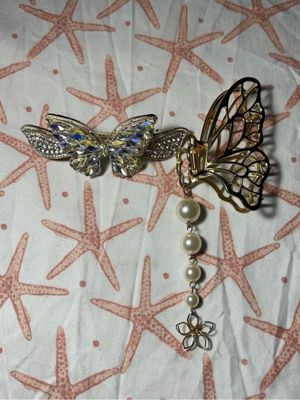 Gold Rhinestone Butterfly Hair Clip and Gold Butterfly Claw Clip with Pearls